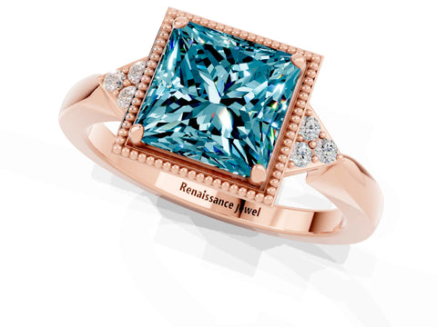 Rose gold Princess Cut Blue Topaz Halo Ring with Tapered Band and Four-Prong Setting_1
