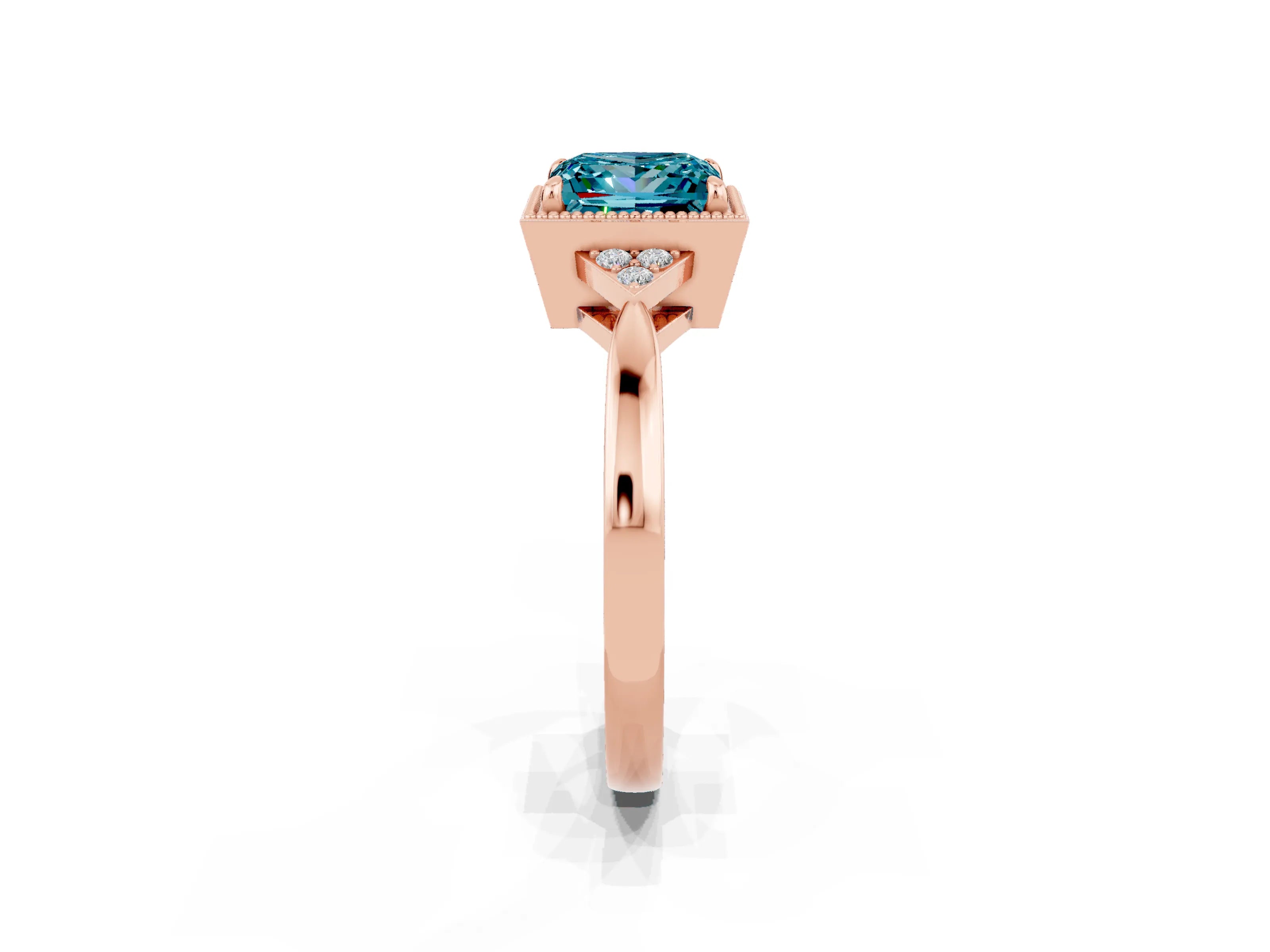 Rose gold Princess Cut Blue Topaz Halo Ring with Tapered Band and Four-Prong Setting_2