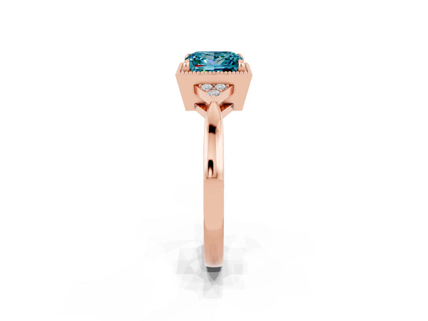 Rose gold Princess Cut Blue Topaz Halo Ring with Tapered Band and Four-Prong Setting