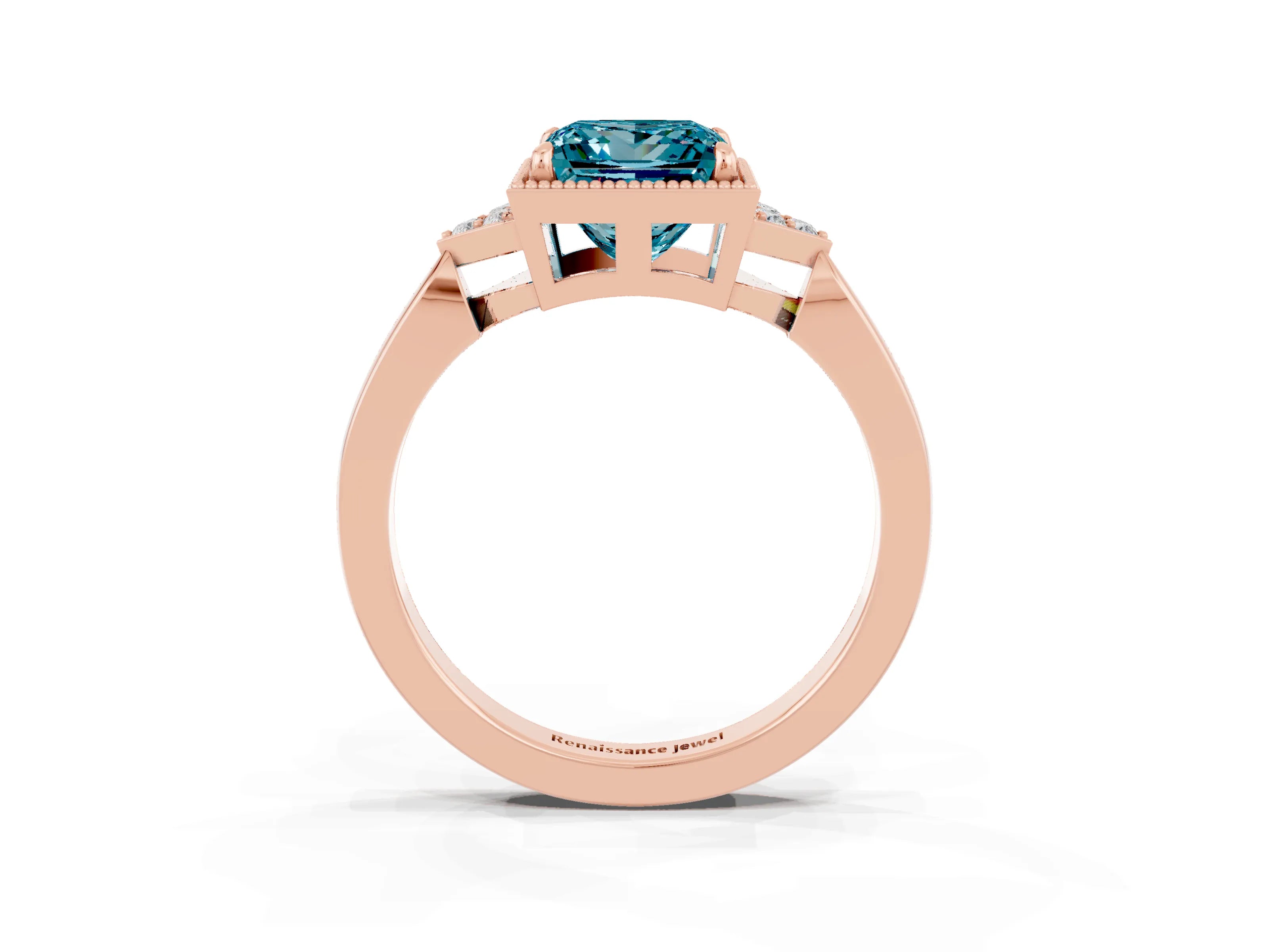 Rose gold Princess Cut Blue Topaz Halo Ring with Tapered Band and Four-Prong Setting_3