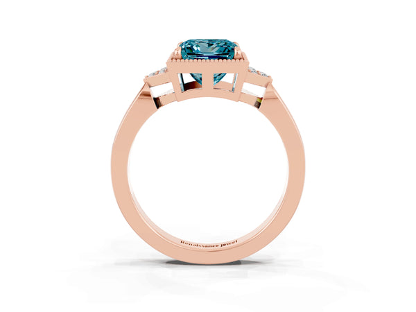 Rose gold Princess Cut Blue Topaz Halo Ring with Tapered Band and Four-Prong Setting