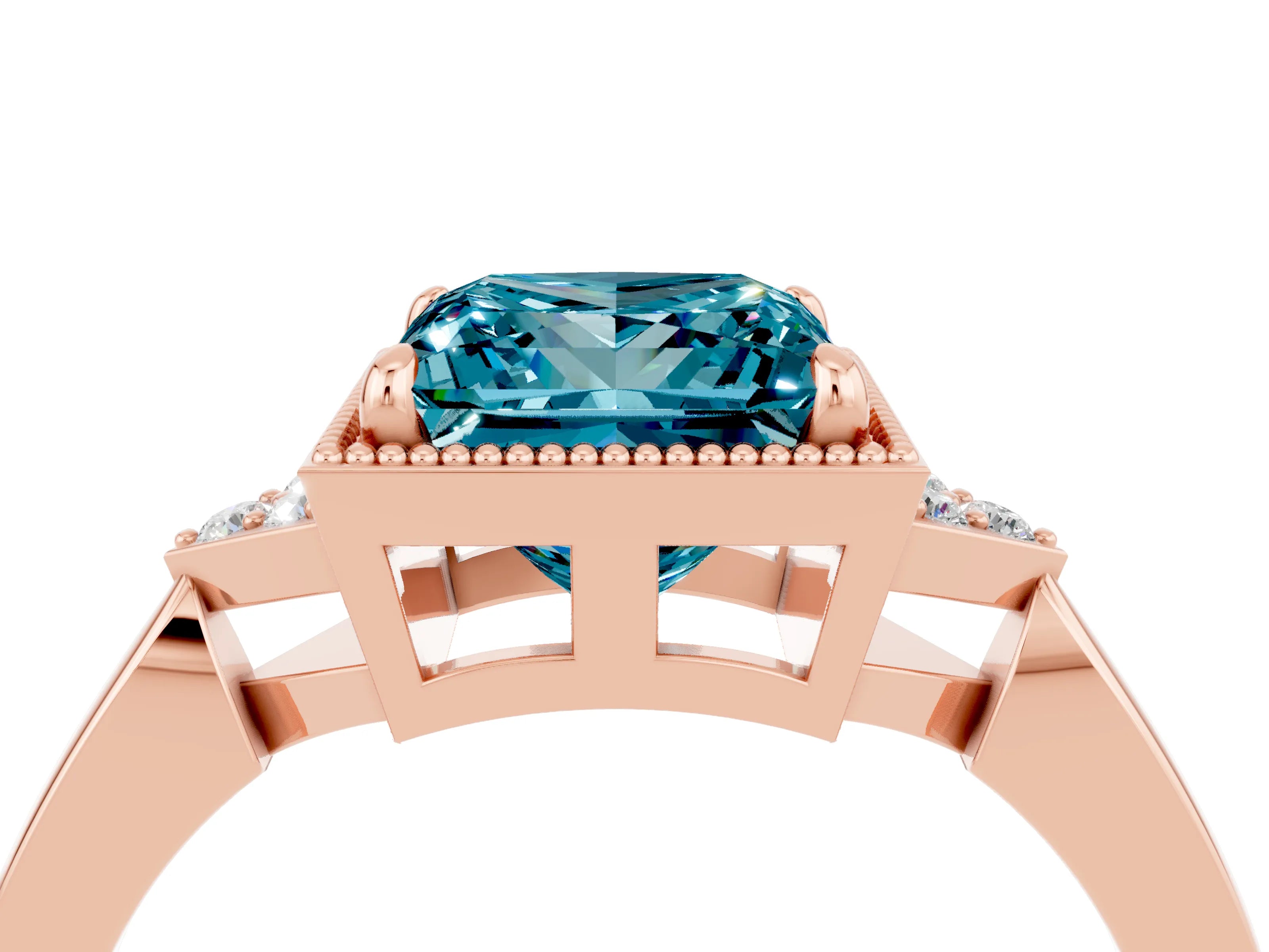 Rose gold Princess Cut Blue Topaz Halo Ring with Tapered Band and Four-Prong Setting_4