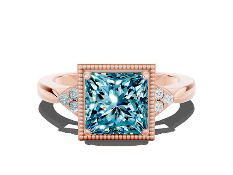 Rose gold Princess Cut Blue Topaz Halo Ring with Tapered Band and Four-Prong Setting