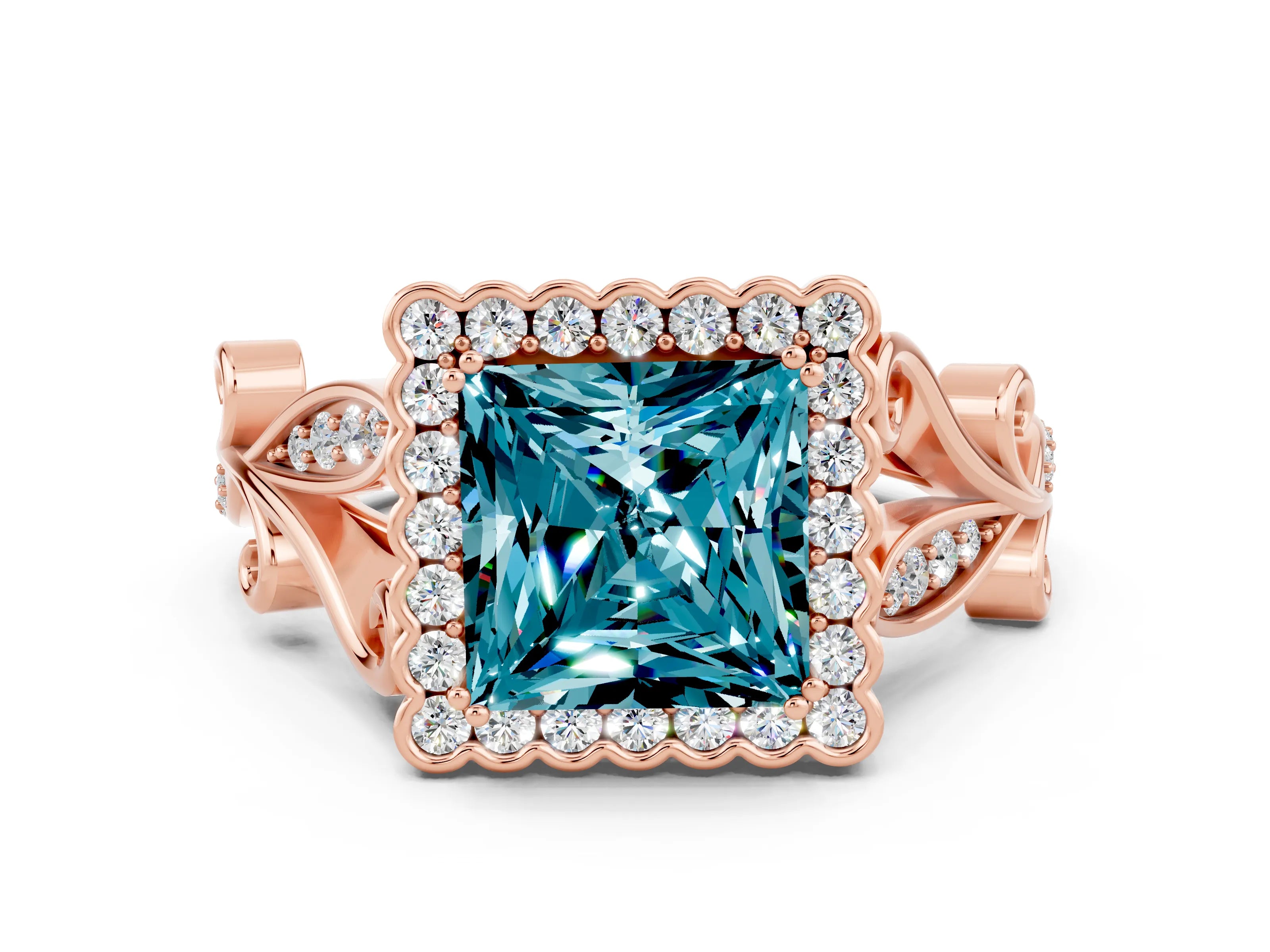 Rose gold Princess Cut Blue Topaz Halo Ring with Vintage Split Shank and Four-Prong Setting