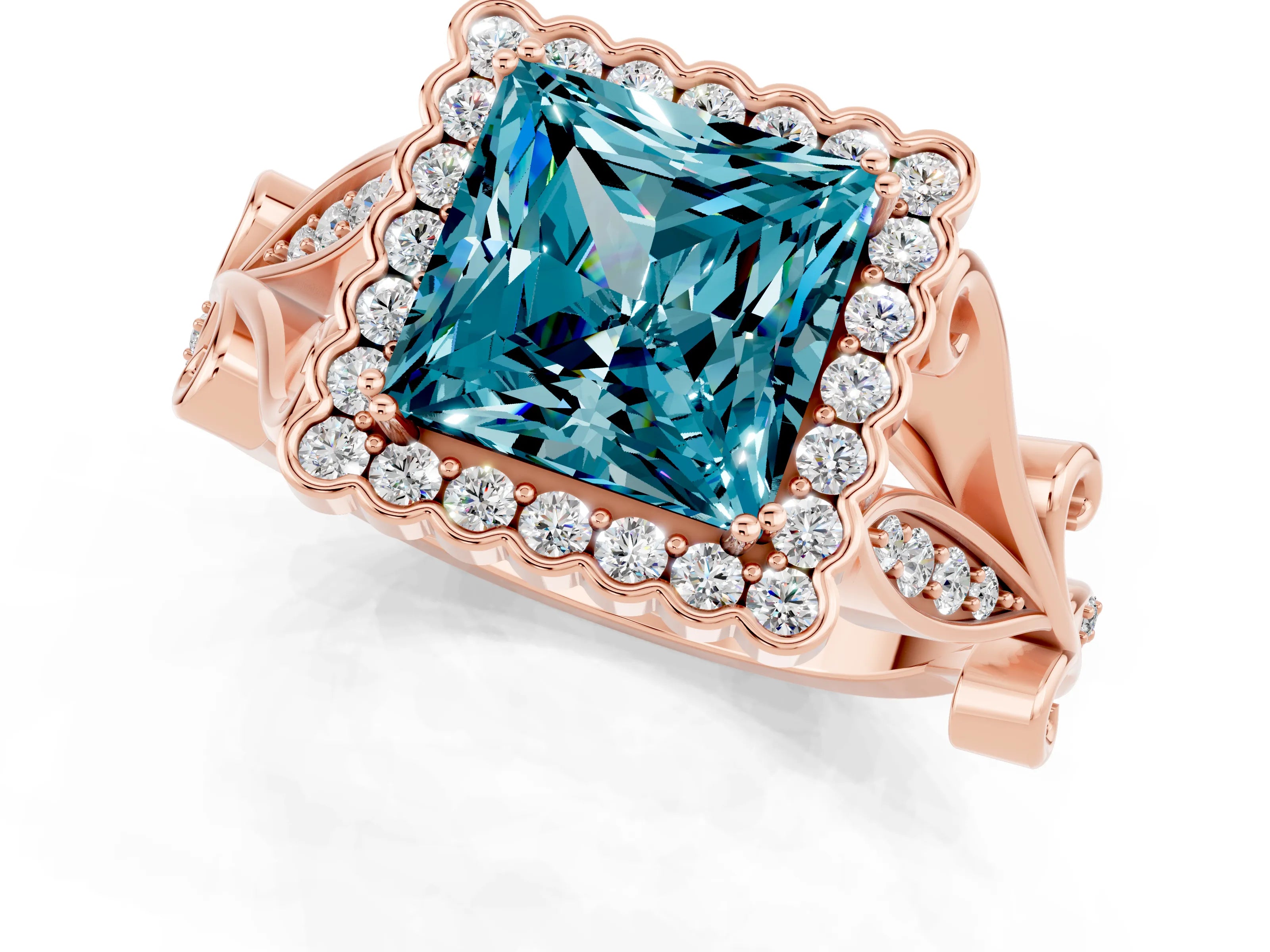 Rose gold Princess Cut Blue Topaz Halo Ring with Vintage Split Shank and Four-Prong Setting_1
