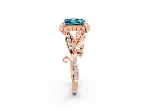 Rose gold Princess Cut Blue Topaz Halo Ring with Vintage Split Shank and Four-Prong Setting_2