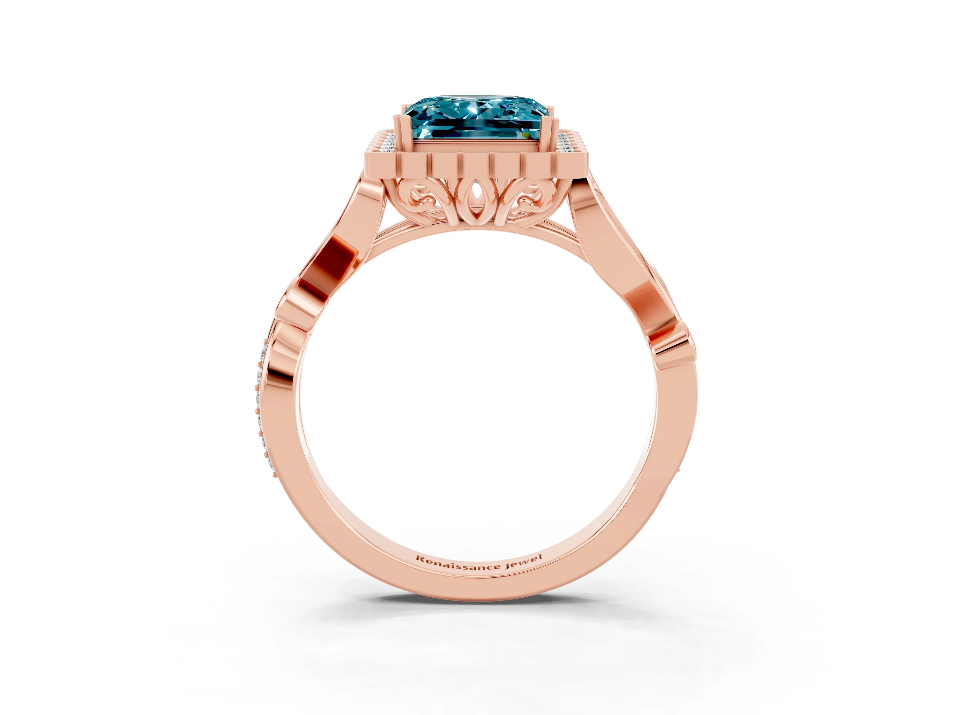 Rose gold Princess Cut Blue Topaz Halo Ring with Vintage Split Shank and Four-Prong Setting_3