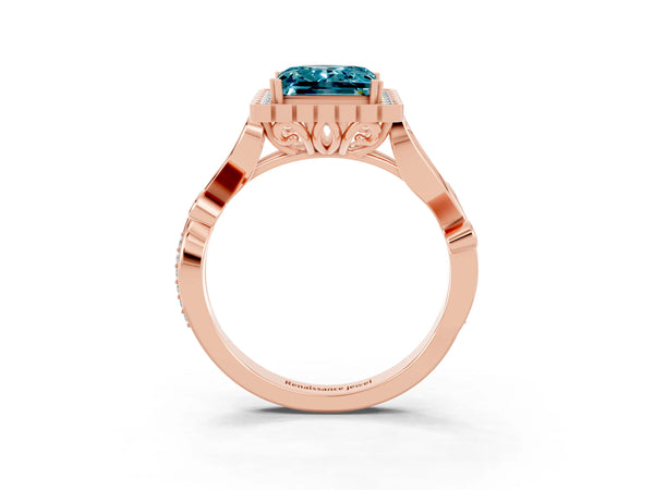 Rose gold Princess Cut Blue Topaz Halo Ring with Vintage Split Shank and Four-Prong Setting