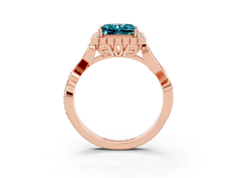 Rose gold Princess Cut Blue Topaz Halo Ring with Vintage Split Shank and Four-Prong Setting_3