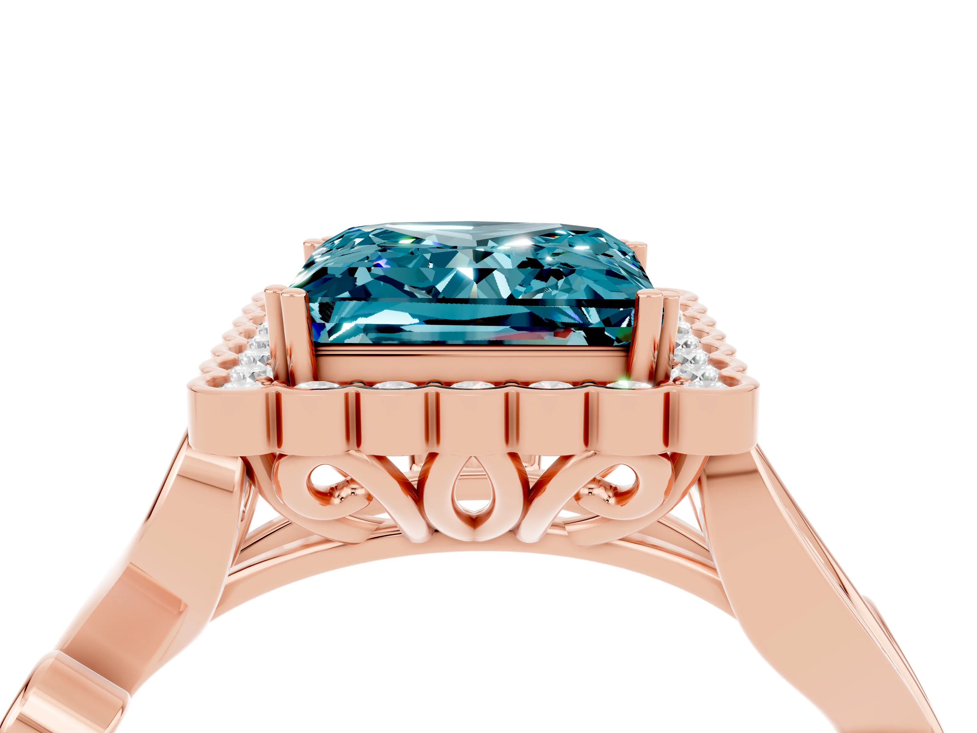 Rose gold Princess Cut Blue Topaz Halo Ring with Vintage Split Shank and Four-Prong Setting_4