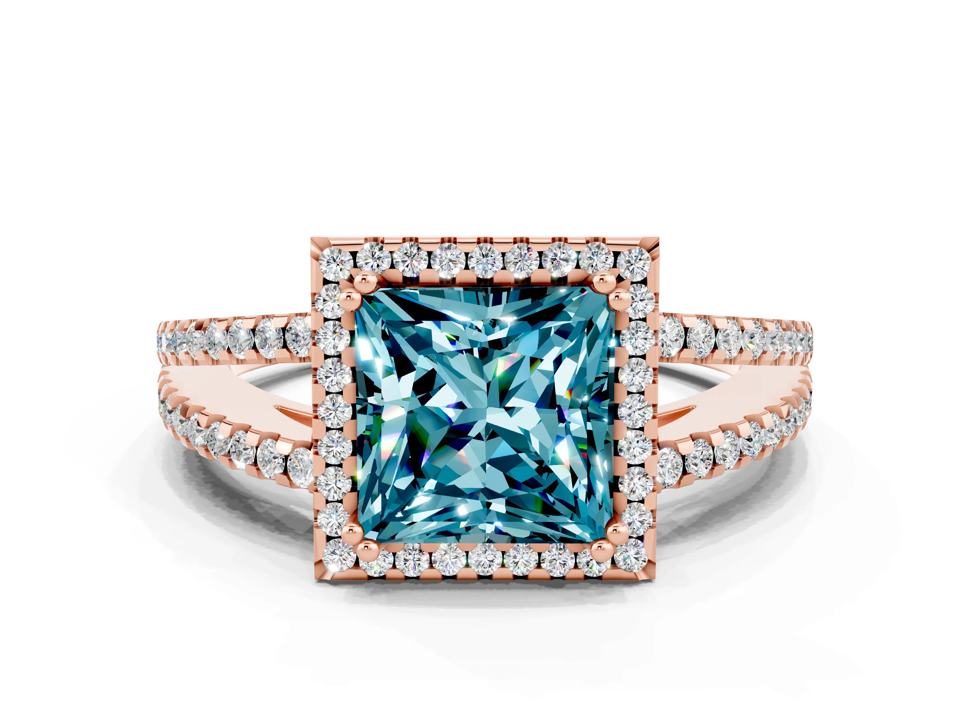 Rose gold Princess Cut Blue Topaz Halo Split Shank Engagement Ring_12
