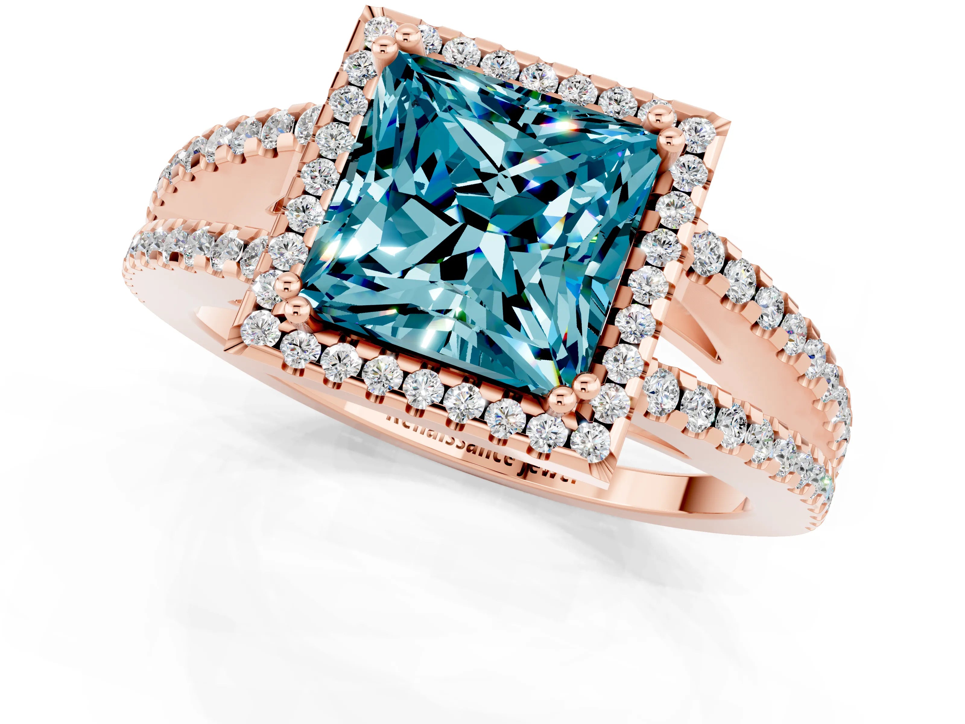 Rose gold Princess Cut Blue Topaz Halo Split Shank Engagement Ring_13