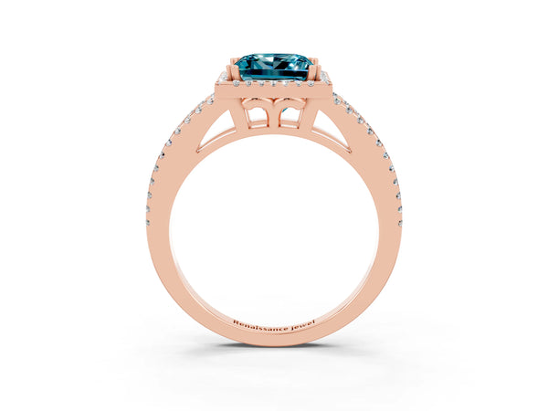 Rose gold Princess Cut Blue Topaz Halo Split Shank Engagement Ring