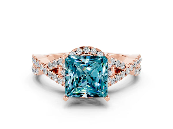 Rose gold Princess Cut Blue Topaz  Halo Twist Band Solitaire Prong Setting Ring