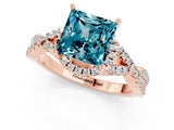 Rose gold Princess Cut Blue Topaz Halo Twist Band Solitaire Prong Setting Ring_1