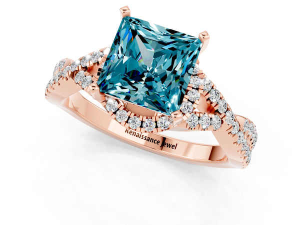 Rose gold Princess Cut Blue Topaz  Halo Twist Band Solitaire Prong Setting Ring