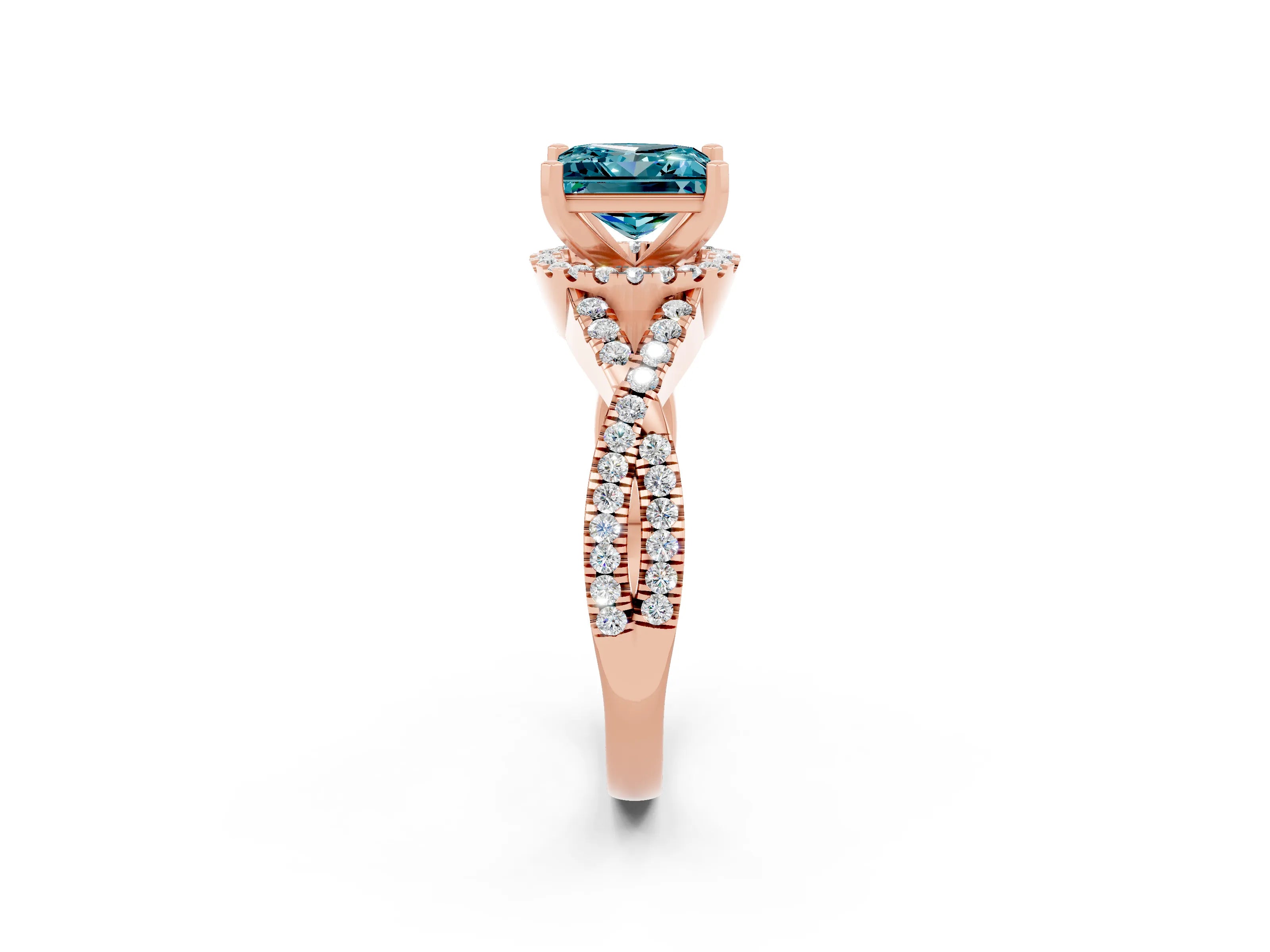 Rose gold Princess Cut Blue Topaz Halo Twist Band Solitaire Prong Setting Ring_2