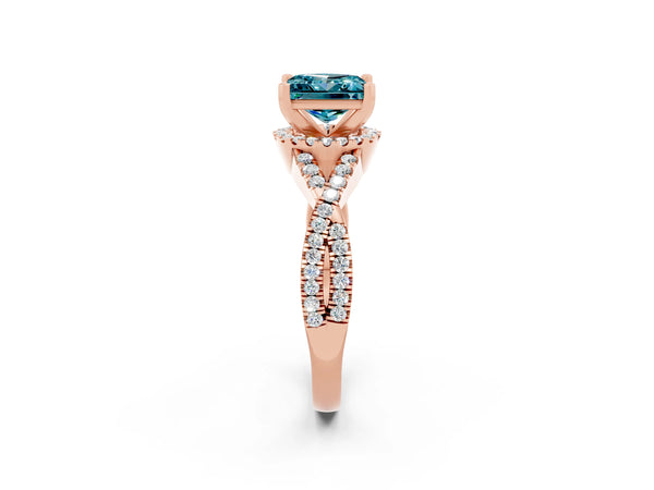 Rose gold Princess Cut Blue Topaz  Halo Twist Band Solitaire Prong Setting Ring