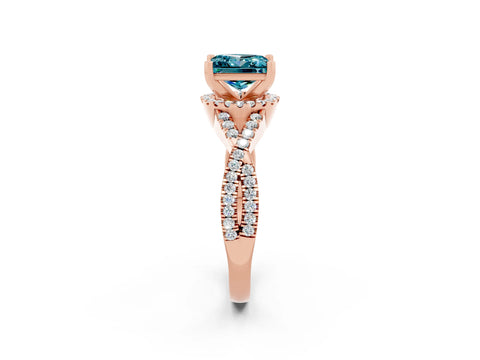 Rose gold Princess Cut Blue Topaz Halo Twist Band Solitaire Prong Setting Ring_2