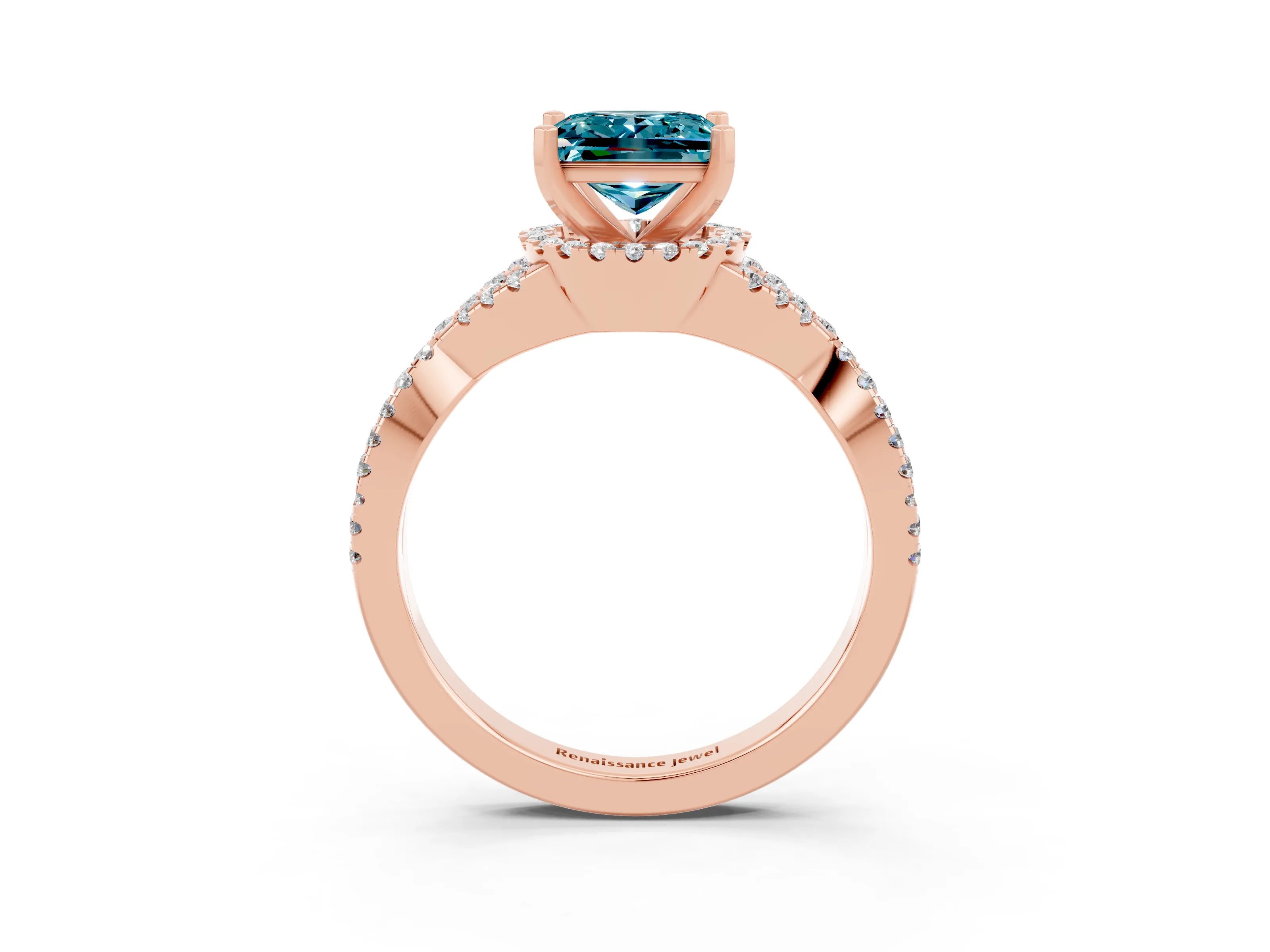 Rose gold Princess Cut Blue Topaz Halo Twist Band Solitaire Prong Setting Ring_3