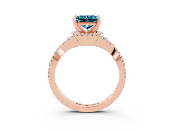 Rose gold Princess Cut Blue Topaz  Halo Twist Band Solitaire Prong Setting Ring