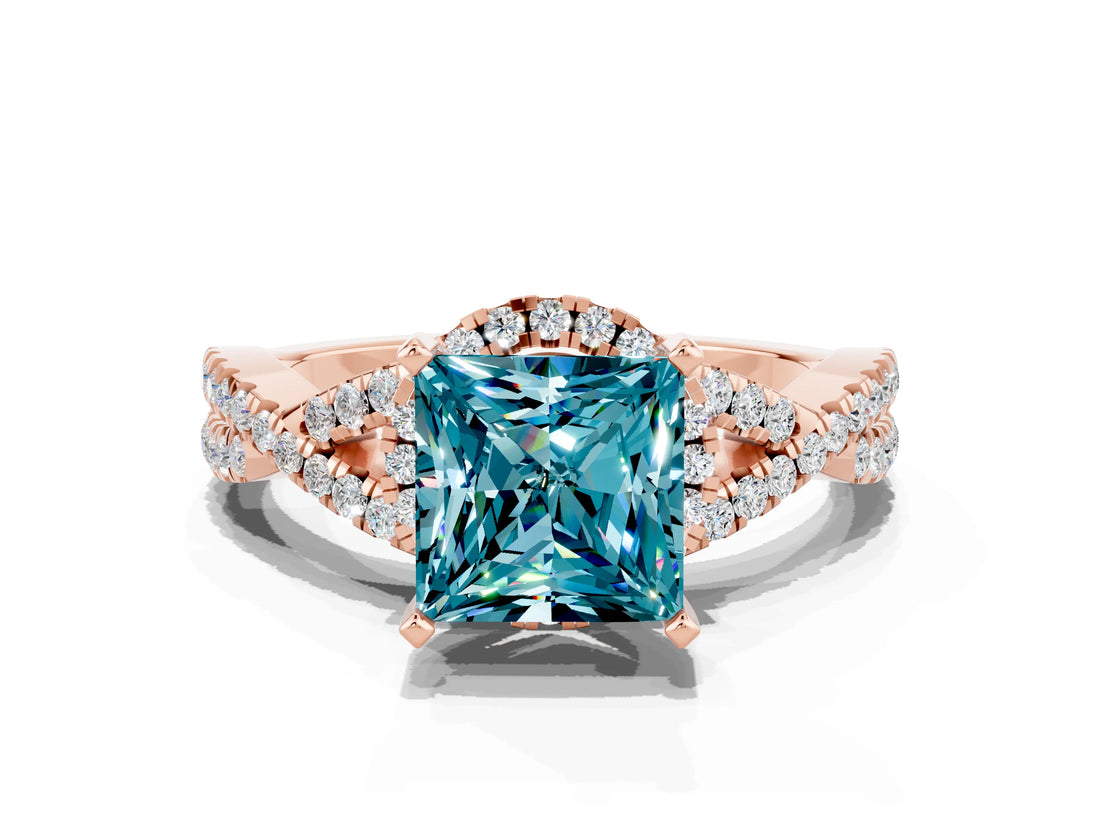 Rose gold Princess Cut Blue Topaz  Halo Twist Band Solitaire Prong Setting Ring_36
