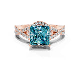 Rose gold Princess Cut Blue Topaz  Halo Twist Band Solitaire Prong Setting Ring_36