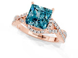 Rose gold Princess Cut Blue Topaz  Halo Twist Band Solitaire Prong Setting Ring_37