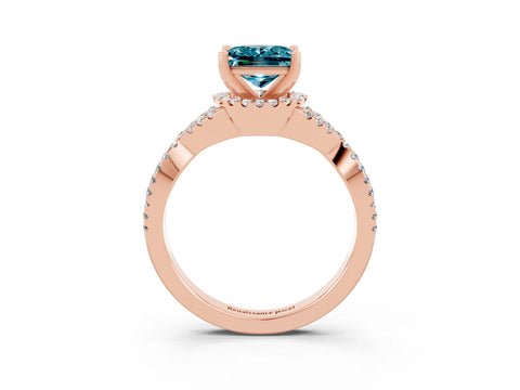 Rose gold Princess Cut Blue Topaz Halo Twist Band Solitaire Prong Setting Ring_3