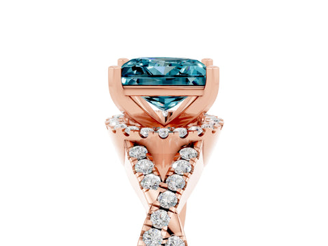 Rose gold Princess Cut Blue Topaz Halo Twist Band Solitaire Prong Setting Ring_5