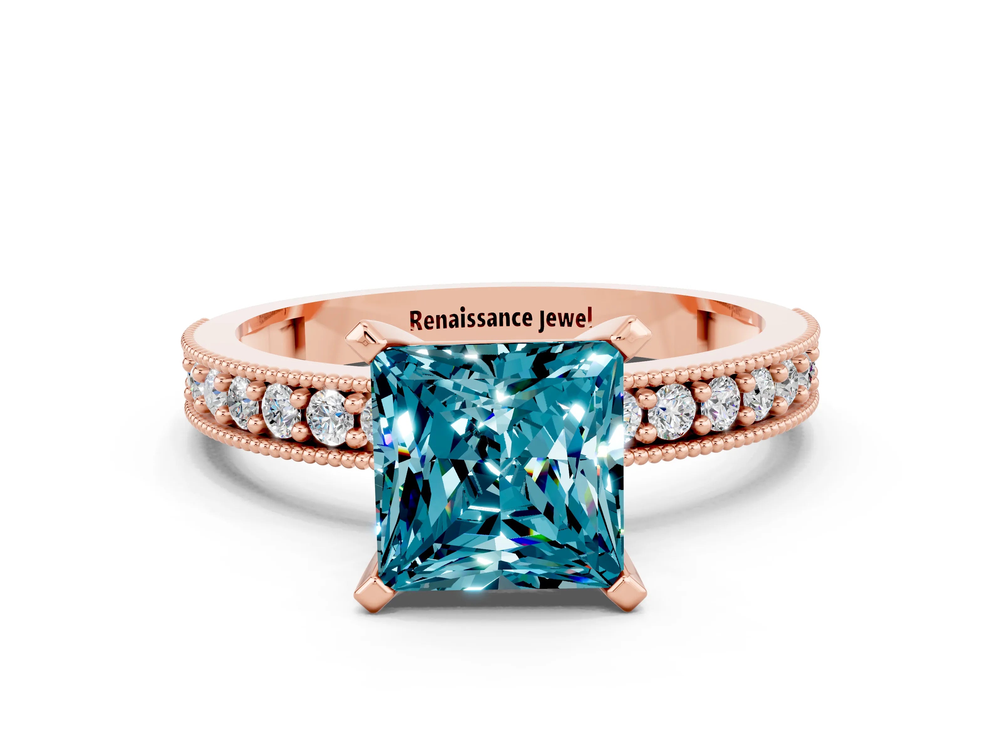Rose gold Princess Cut Blue Topaz Milgrain Pavé Engagement Ring with Four-Prong Setting_12