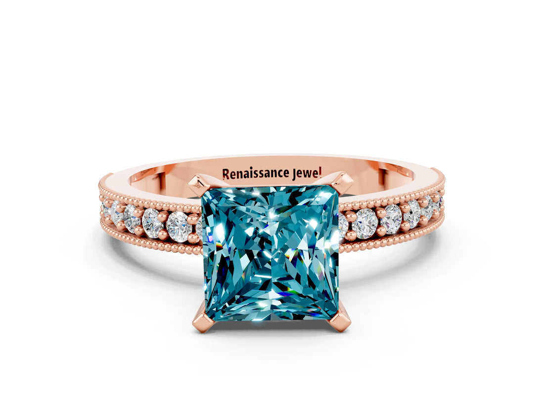 Rose gold Princess Cut Blue Topaz Milgrain Pavé Engagement Ring with Four-Prong Setting_12