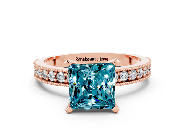 Rose gold Princess Cut Blue Topaz Milgrain Pavé Engagement Ring with Four-Prong Setting