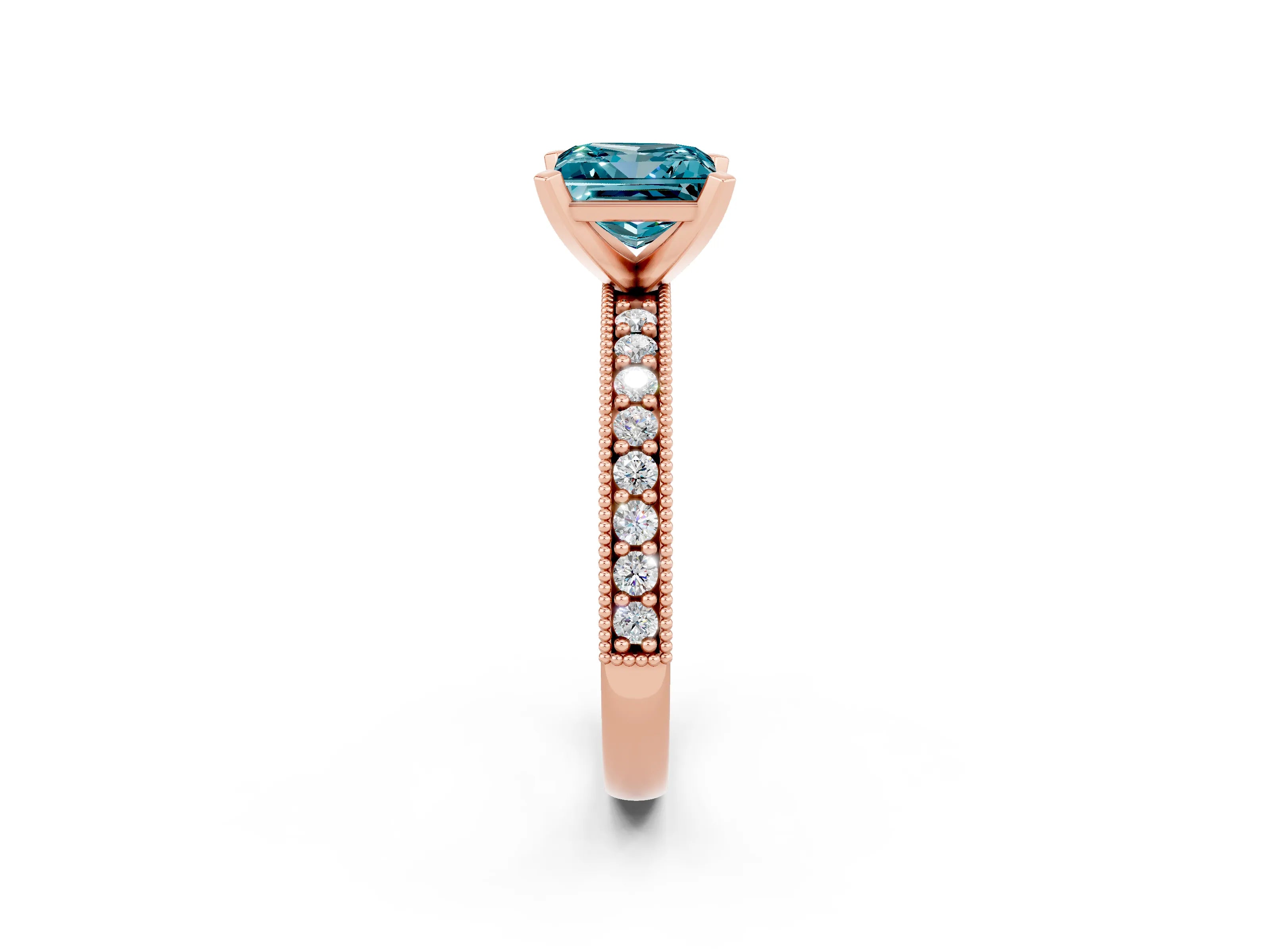 Rose gold Princess Cut Blue Topaz Milgrain Pavé Engagement Ring with Four-Prong Setting_14