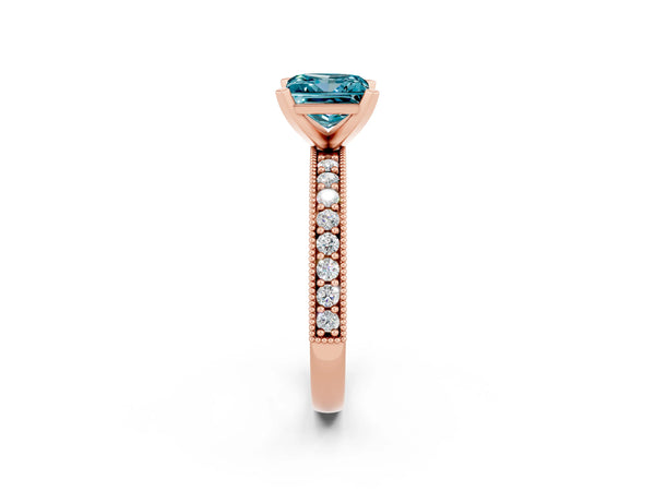 Rose gold Princess Cut Blue Topaz Milgrain Pavé Engagement Ring with Four-Prong Setting