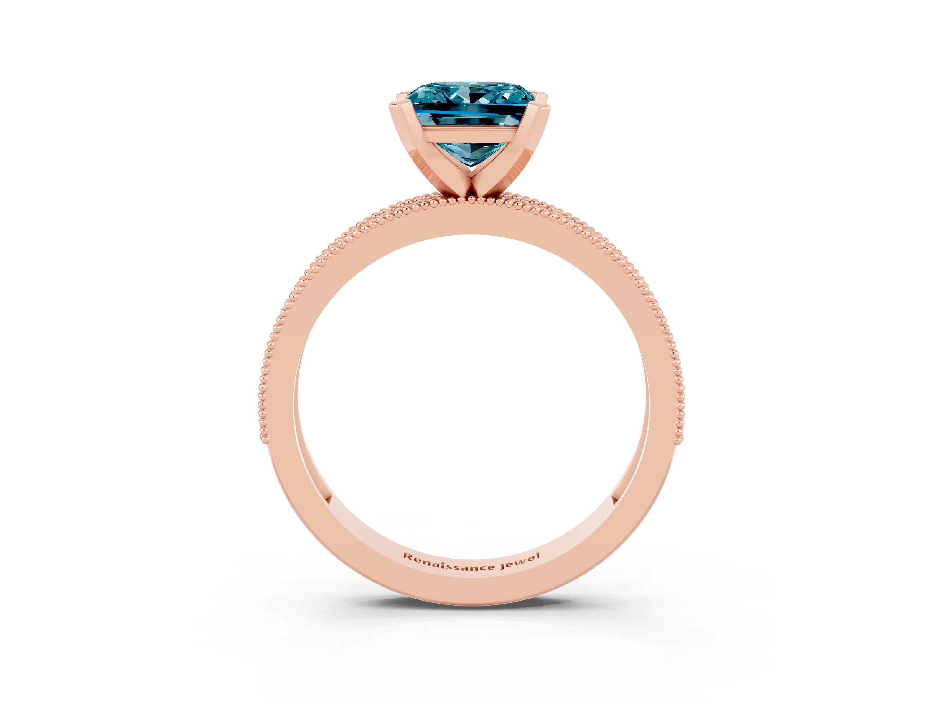 Rose gold Princess Cut Blue Topaz Milgrain Pavé Engagement Ring with Four-Prong Setting_15
