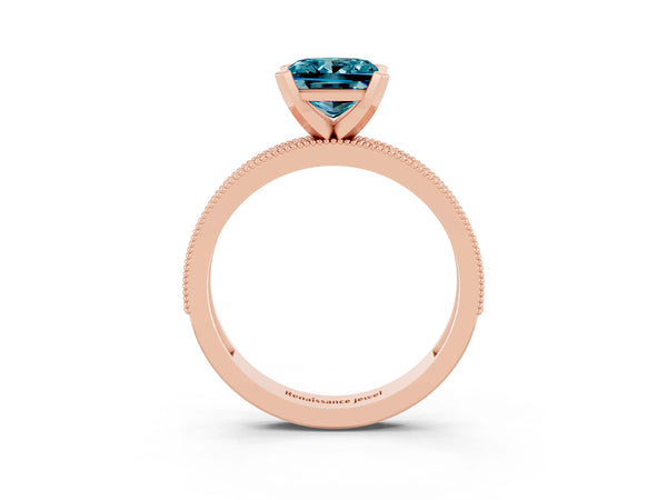Rose gold Princess Cut Blue Topaz Milgrain Pavé Engagement Ring with Four-Prong Setting