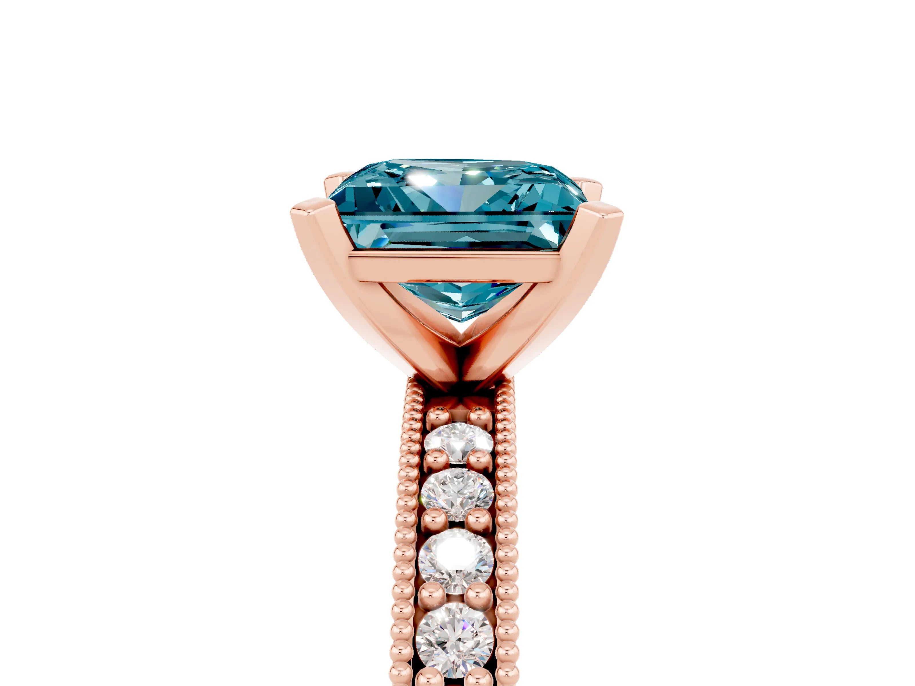 Rose gold Princess Cut Blue Topaz Milgrain Pavé Engagement Ring with Four-Prong Setting_17