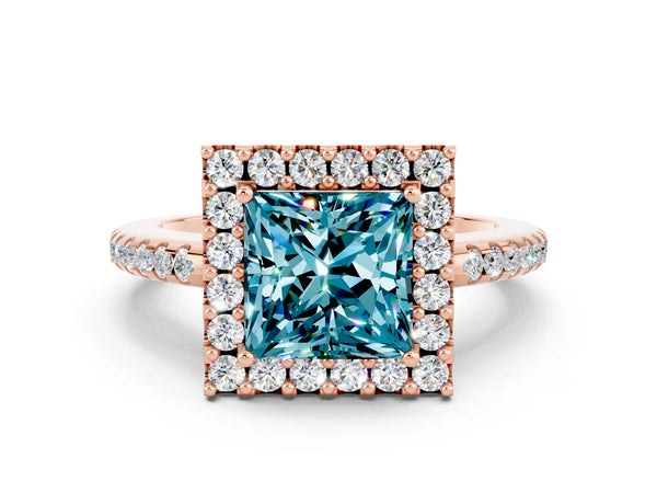 Rose gold Princess Cut Blue Topaz Pavé Halo Ring with Four-Prong Setting