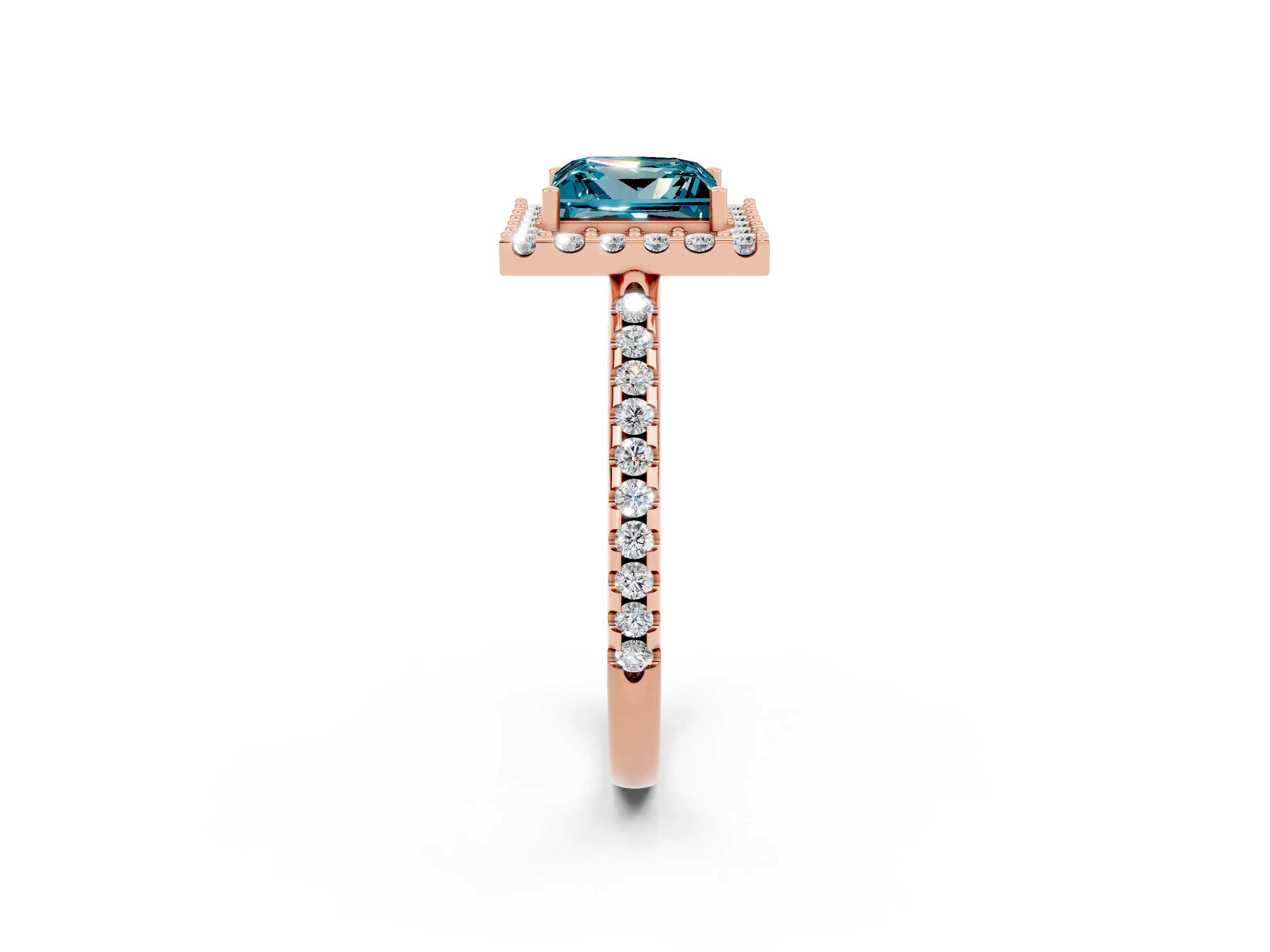 Rose gold Princess Cut Blue Topaz Pavé Halo Ring with Four-Prong Setting_14