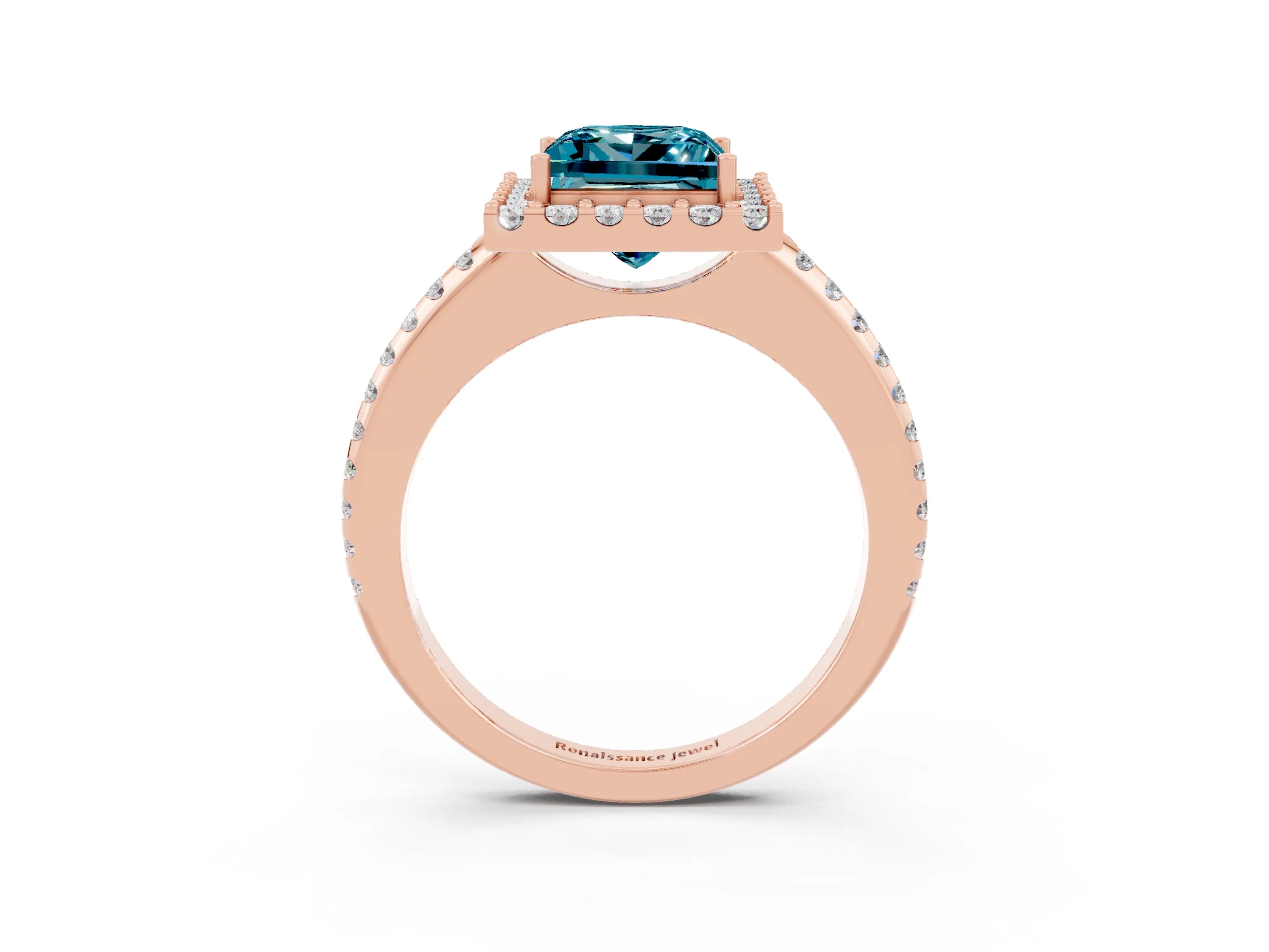 Rose gold Princess Cut Blue Topaz Pavé Halo Ring with Four-Prong Setting_15