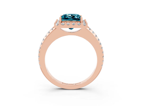 Rose gold Princess Cut Blue Topaz Pavé Halo Ring with Four-Prong Setting