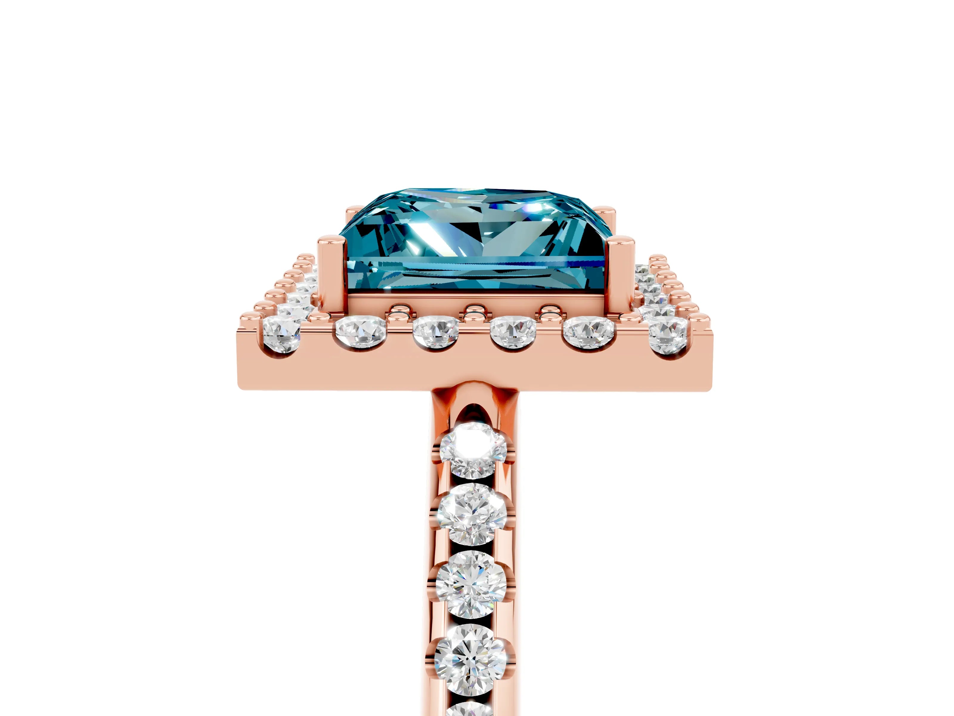 Rose gold Princess Cut Blue Topaz Pavé Halo Ring with Four-Prong Setting_17