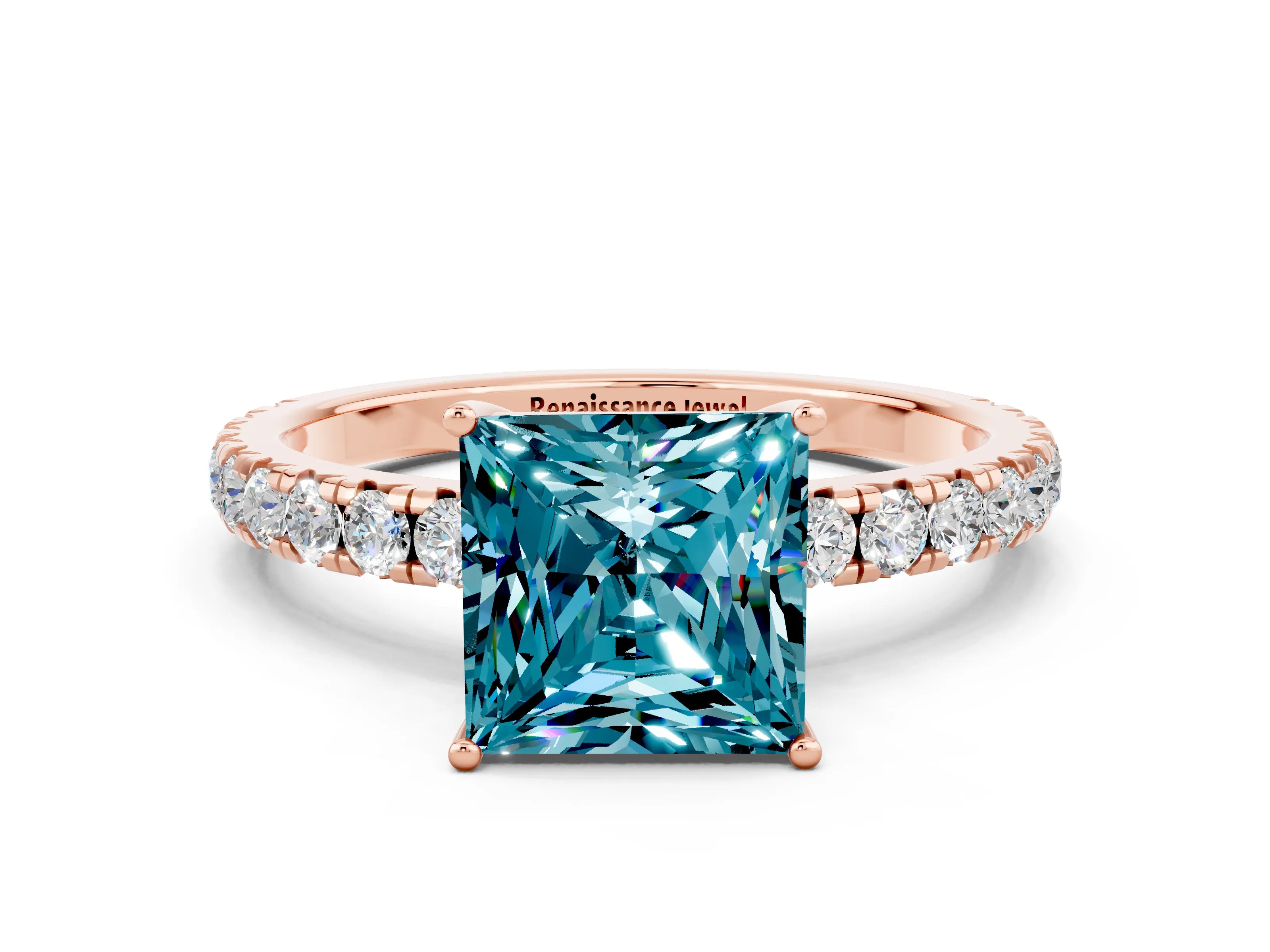 Rose gold Princess Cut Blue Topaz Pavé Solitaire Engagement Ring with Four-Prong Setting_12