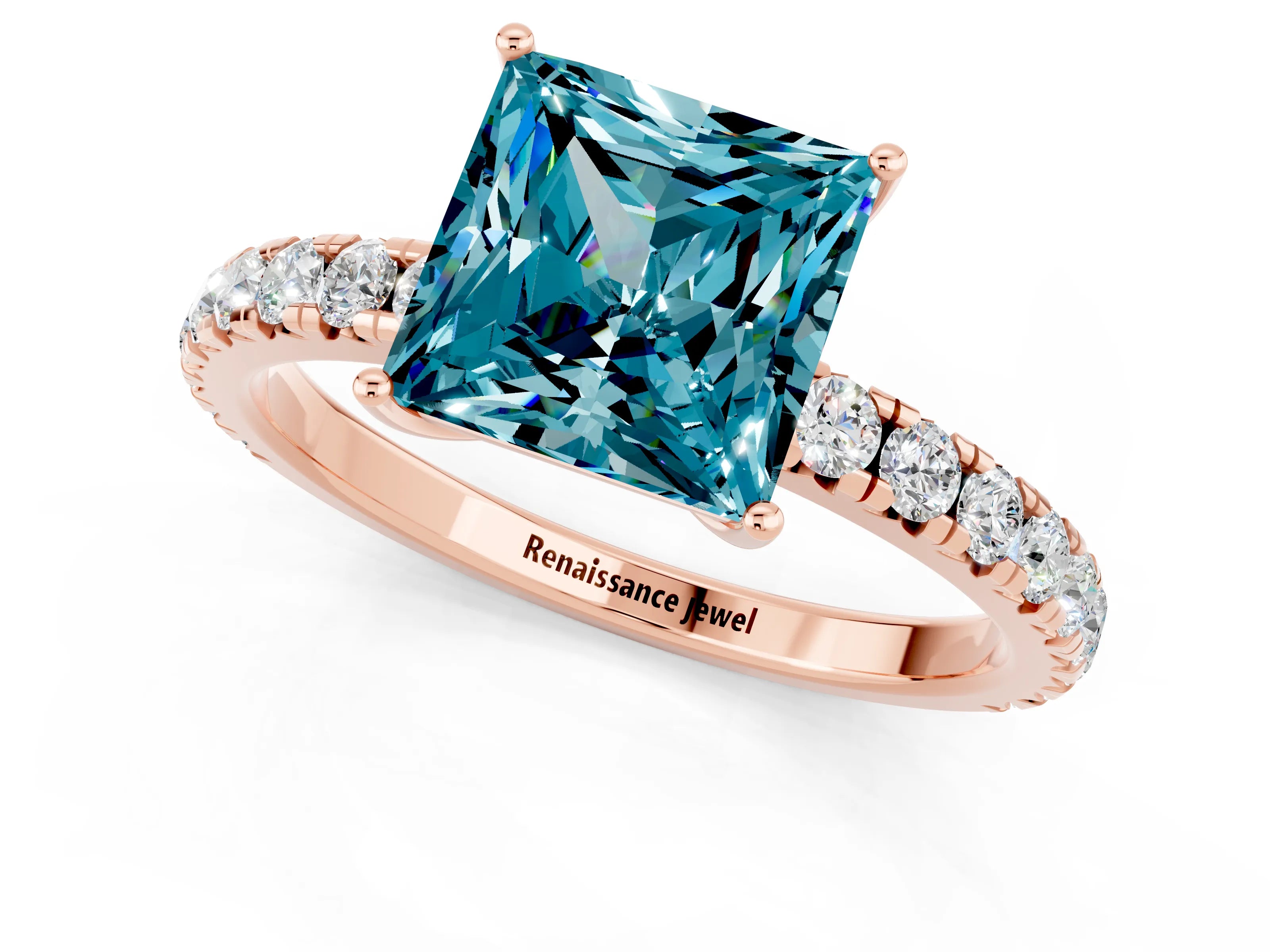 Rose gold Princess Cut Blue Topaz Pavé Solitaire Engagement Ring with Four-Prong Setting_13