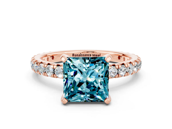 Rose gold Princess Cut Blue Topaz Pavé Solitaire Ring with Round Band and Prong Setting
