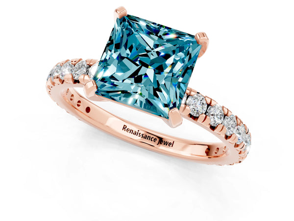 Rose gold Princess Cut Blue Topaz Pavé Solitaire Ring with Round Band and Prong Setting