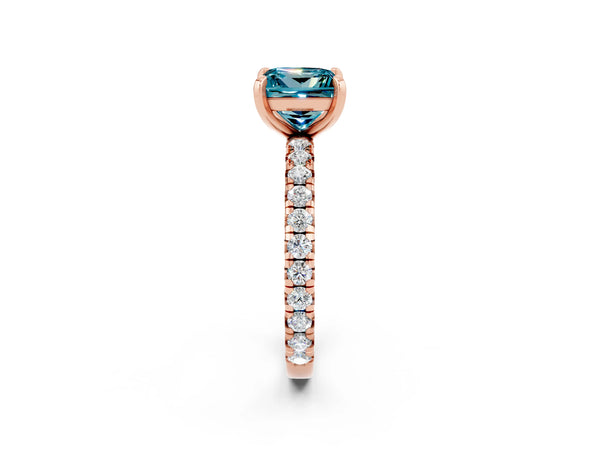 Rose gold Princess Cut Blue Topaz Pavé Solitaire Ring with Round Band and Prong Setting