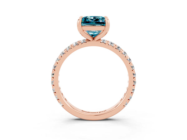 Rose gold Princess Cut Blue Topaz Pavé Solitaire Ring with Round Band and Prong Setting