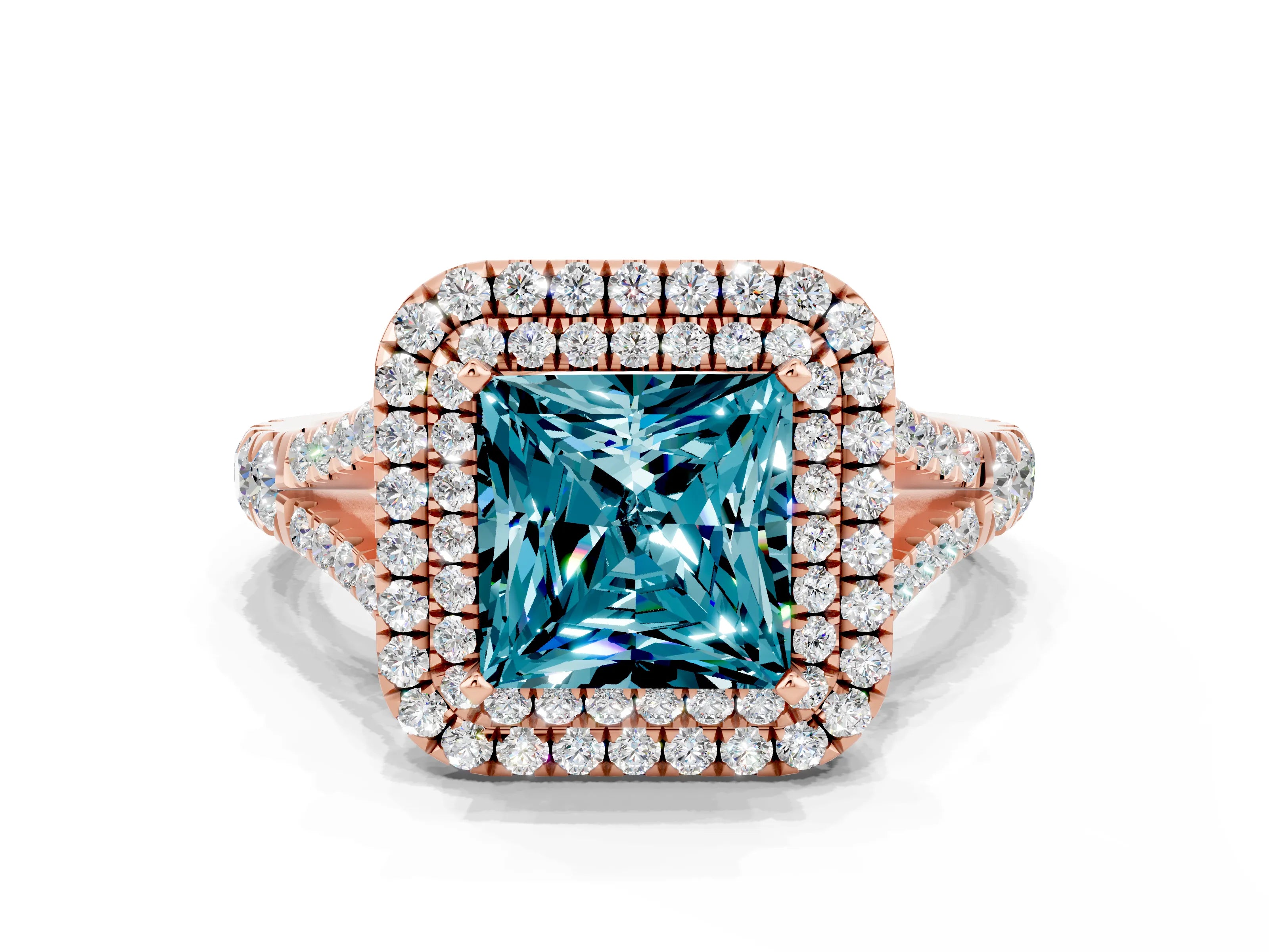 Rose gold Princess Cut Blue Topaz Pavé Split Shank Double Halo Engagement Ring